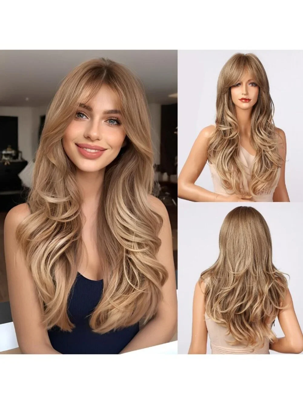 24IN Long Wavy Ash Blonde Wig with Bangs - Synthetic Hair for Women
